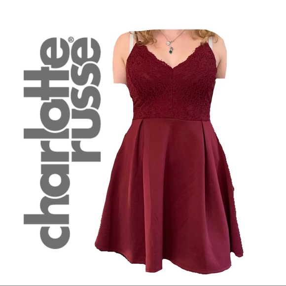 Wine Red Lace Bodice Skater Dress - Picture 2 of 11